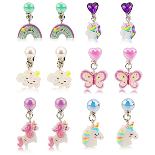 6 Pairs Colorful Clip on Drop Earrings, Resin No Pierced Design Kids Earrings Cute Unicorn Rainbow Butterfly White Clouds Dress Up Eardrop Stud Jewelry for Party Daily Wearing
