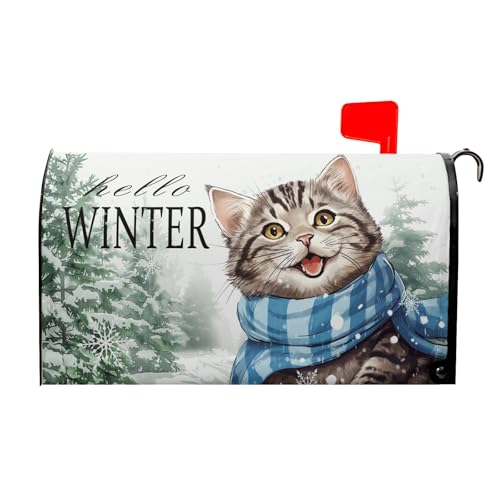 Image of Hello Winter Cat Mailbox Cover Magnetic Large Size 25.5 inchx21 inch Winter Snow Pine Tree Mail Box Covers Winter Christmas Kitten Mailbox Wrap Magnetic Snowy Post Letter Box for Outside