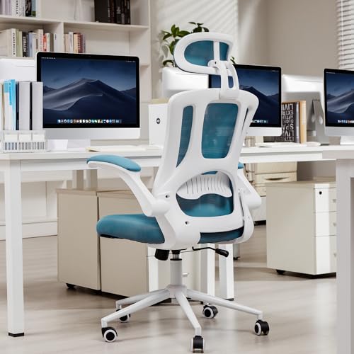 PrimeZone Ergonomic Office Desk Chair - Home Computer Chair with Adjustable Flip-Up Armrests, Lumbar Support & Headrest, Comfortable Task Chair for Work Study, 300 lbs Capacity, Lake Blue &