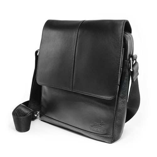 Fa.Volmer ® Umhängetasche Echtleder – Handgefertigte Schultertasche & Messenger Bag für 11" Tablet, Business & Alltag (schwarz)