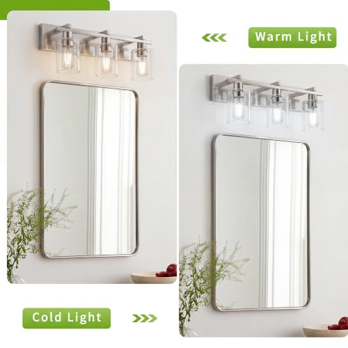 Image of Bathroom Vanity Light, 3 Light Brushed Nickel Bathroom Light Fixture with Thickened Seeded Glass Shade, 24 inch Modern Vanity Lights, Bathrooms Lights Fixture Over Mirror