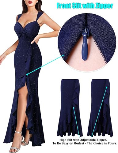 VFSHOW Womens Sweetheart V Neck Twist Front Backless Ruched Ruffle Slit Formal Evening Gown Maxi Long Dress4