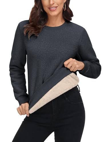 MAGCOMSEN Sweatshirts für Damen Winter Fleece Pullover Langarm Winterpullover Crewneck Pulloverkleid Warme Dunkelgrau S
