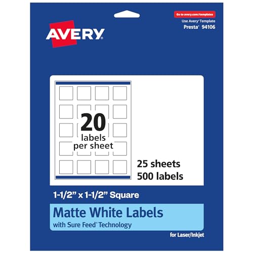 Étiquettes carrées blanc mat Avery anti-bourrage pour marquage net et durable