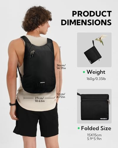 WATERFLY Faltbarer Rucksack Klein 15L: Ultraleicht Wanderrucksack Packable Tagesrucksack Sportliche Backpack Lightweight Daypack für Wandern Fahrrad Outdoor Trekking Herren Damen
