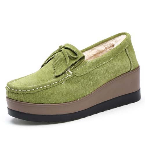Image of Women's Tassel Suede Plush Wedge Shaped Sports Shoes Fashion Thick Sole Arched Casual Loafers Velvet Tassel Bow Wedge Casual Shoes