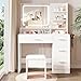 LIVELYGLOW Makeup Vanity Desk Set, 35.4“Wx15.7”Dx53.9“H, White (Smart LED Mirror, with Cushion Stool, Hairdryer Rack, Power-Outlet, 4 Drawers, Open Shelves)