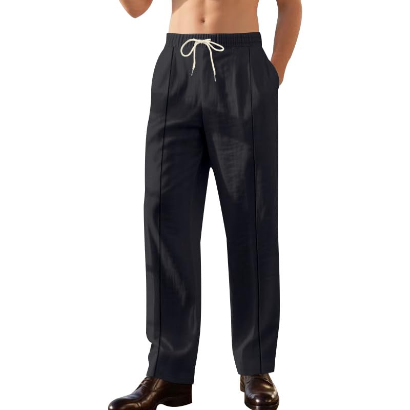 Men's Linen Blend Pants Elastic Waist Drawstring Loose Fit Lightweight Breathable Summer Beach Trousers with Pockets