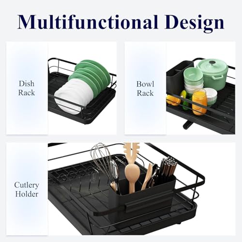 Image of HAKKU Black Dish Drainer Rack with Drip Tray, Stainless Steel Draining Dish Rack Drainer with Draining Board and Utensils Holder (Modern Black Rack)