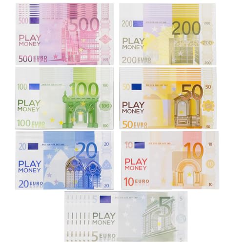 SIRLOMU 70 hojas de dinero falso para aprendizaje y juegos, billetes falsos y dinero de juguete, ideal para juego de tienda (5/10/20/50/100/200/500)