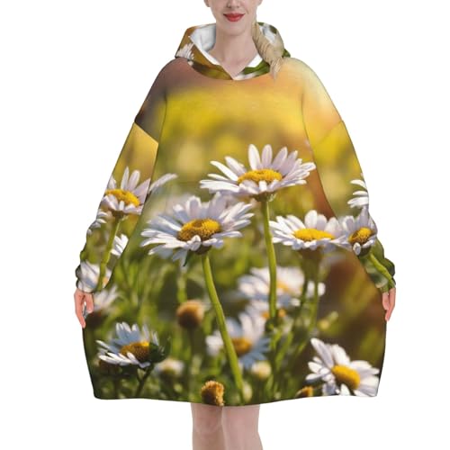Couverture à capuche flanelle marguerites blanches, idée cadeau femme idéal