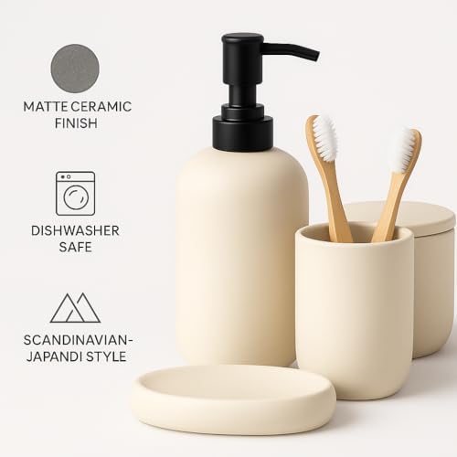 Ceramic Bathroom Accessories Set 4 Pcs – Modern Scandinavian Neutral Bathroom Soap Dispenser Set with Toothbrush Holder, Soap Dish & Cup – Minimalist Bathroom Accessory Set Decor - Cream/Light Beige - Image 5