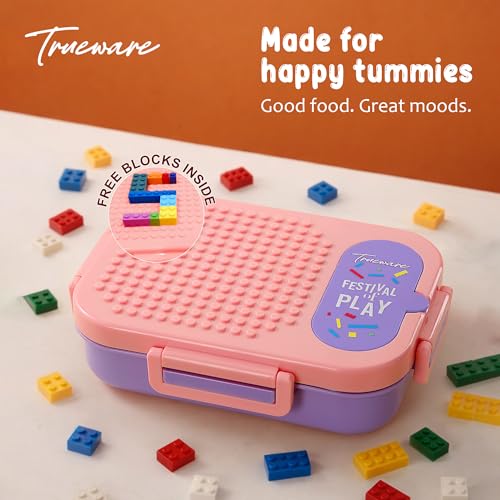 Image of Trueware BRIX Fun Food and Play 304 Stainless Steel PU Insulated Lunch Box with Two Compartment BPA Free, Food Grade Ideal for School, Picnic, Office & Outdoor - 540ml (Pink)