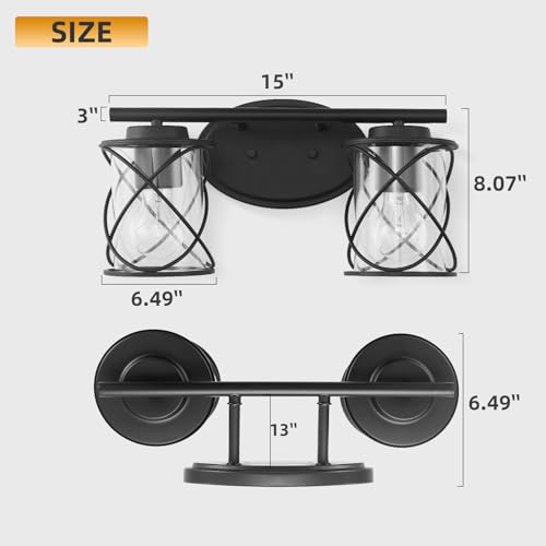 Image of MavCadonF 2-Lights Vanity Lights, Matte Black Farmhouse Wall Lights with Clear Glass Shade, Over Mirror Vanity Light, Kitchen Bedroom Bathroom Wall Lamp