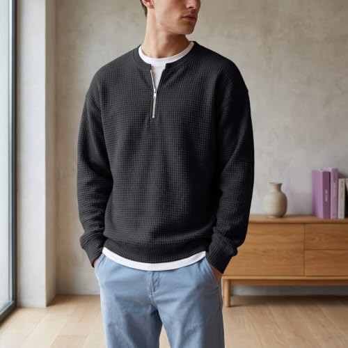 Waffle Quarter Zip Pullover Men 1/4 Zip 2 in 1 Faux Layered Sweatshirts - image 2