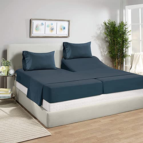 Image of LANE LINEN Half Split King Sheets Sets for Adjustable Bed - Dark Denim | Split King Cooling Sheets - 5-Piece Set, For A Luxurious Night's Sleep, For Guests And Everyday Use, Luxe Sheen,