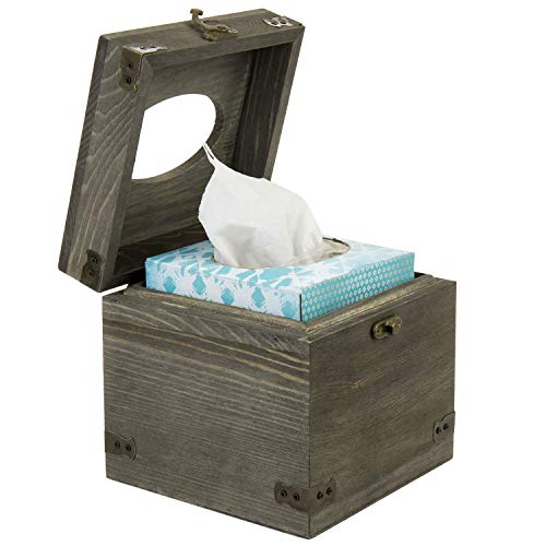 Mygift Vintage Gray Wood Square Facial Tissue Box Holder Cover With Hinged Lid And Hook Lock Latch #TOP3