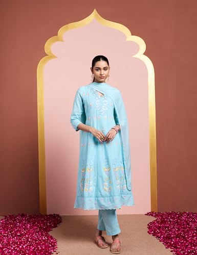 Image of Amazon Brand - Myx Women's Pure Cotton A-Line 3 piece Schiffli Suit Set (Available in Plus Sizes)