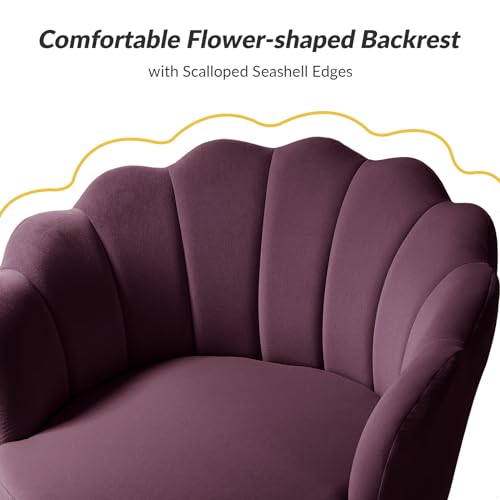 Image of HULALA HOME Modern Velvet Accent Chair with Shell Shaped Back, Cute Living Room Bedroom Armchair Sofa Chair with Gold Legs, Comfy Upholstered Vanity Chair for Makeup Room, Purple