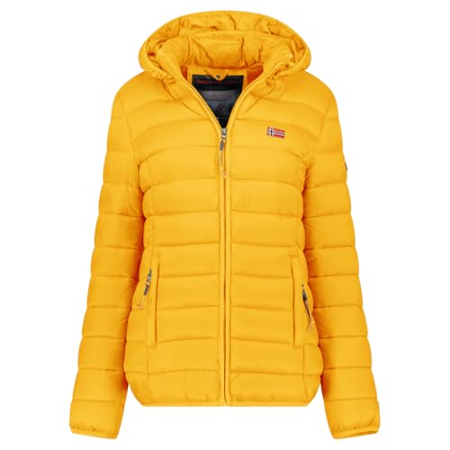 Geographical Norway Atikolor Capucha – Chaqueta de plumas ligera para mujer con capucha – Blouson acolchado cálido de media temporada – Estilo urbano – Bolsillos con cremallera – Insignia y bandera