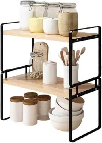 Hrzisda キッチンラック収納シンク下収納ラック調味料ラックフォント多機能収納フラワーラック組み立て簡単チューイング/キッチン/オフィス/バスルーム二重層に適しています (2層 - 幅50cm,ブラックの棚板+天然木の板)