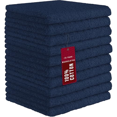 Image of DecorRack 10 Pack 100% Cotton Wash Cloth, Luxurious Soft, 12 x 12 inch Ultra Absorbent, Machine Washable Washcloths, Navy (10 Pack)