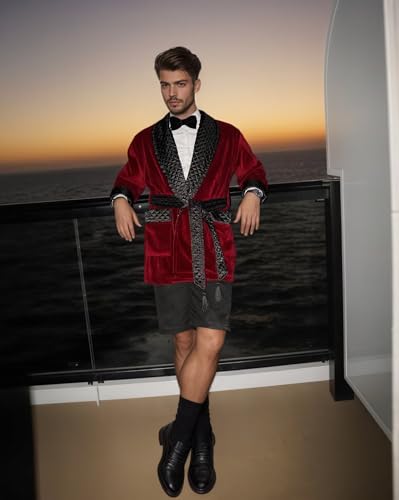 Velvet Short Smoking Jacket with Belt Regular Fit Cigar Robe Double Breasted Blazer for Men3