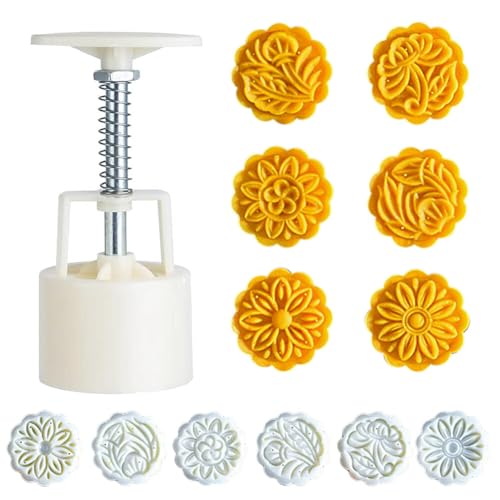 ikasus Moon Cake Mould 50g, 4/6 PCS Pattern Hand-Pressure Mooncake Molds for Home Kitchen Festival Mid-Autumn Dessert DIY Pastry Tool Type 2