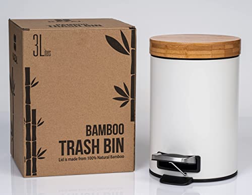 Kazai. 3L Designer Bathroom Bin | Superior Bamboo | Soft Closing | Anti-Finger | White #TOP6