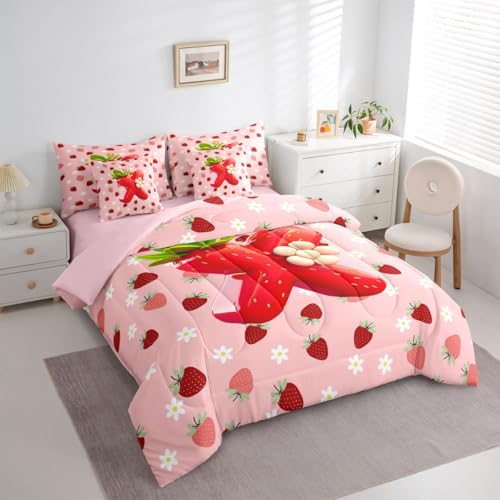 Image of Feelyou Girls Pink Red Strawberry Comforter Set Queen Size 7 Pieces Initial Letter X Bedding Set Kids Boys Girls Princess Strawberry Bed in a Bag with Comforter, Sheets, Pillowcases, Cushion Covers