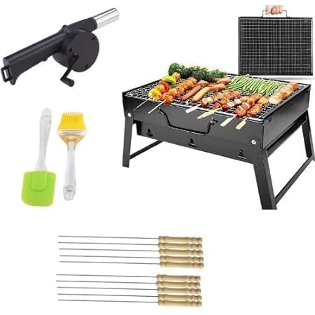 Barbecue Grills - Foldable Charcoal Barbeque Grill With 10 Skewers, 2 Spatula & 1 Air Blower | Outdoor bbq grill tools for Camping Hiking Picnics Traveling - Stellar Black (B0DGLWW3RJ) Amazon Price History, Amazon Price Tracker