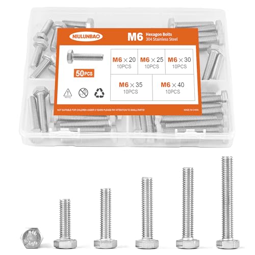 Image of M6 x 20mm 25mm 30mm 35mm 40mm Heavy Duty Hexagon Bolts Hex Head Screws, 304 Stainless Steel, Metric, Machine Fully Thread, Bright Finish, Assortment Kit 50PCS