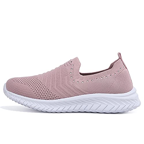 Gospt Lightweight Mesh Walking Shoes Rhinestone Slip On Mesh Knitt Sneakers Womens Pink 6 #TOP1