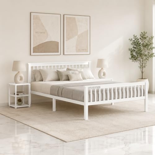 Image of Queen Size Metal Bed Frame | Queen Metal Bed | Queen Iron Bed | QueenSize Steel Bed | Heavy Duty Platform Bed | Steel Slats | No Box Spring Needed | Ideal for Home,Hostel & Guest House (White)