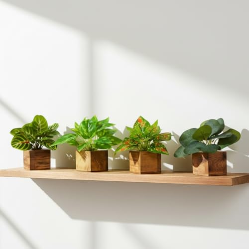 Image of DecoreBugs Artificial Leaves Potted Plants in Wooden Pot (4 Pack) Money Plant | Small Plants for Home Decor | Office Decor