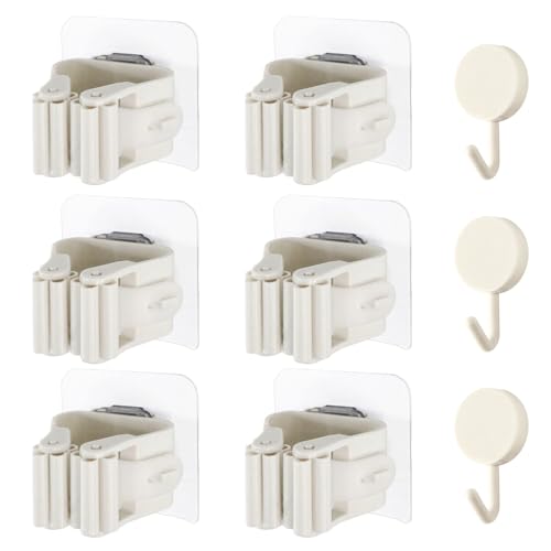 BASAMA ®️ 6 piezas Colgador Escobas y Fregonas con adhesivo, sin agujeros + 3 ganchos adhesivos | Soporte Escobas Pared de facil instalación (6 piezas)