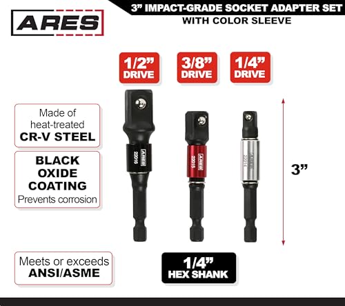 Image of ARES 22011 3-Pc 3-In Impact Socket Adapter Set - 1 /4, 3 /8, 1 /2-In Drive | Color Sleeve; Turns Power Drill into High-Speed Nut Driver