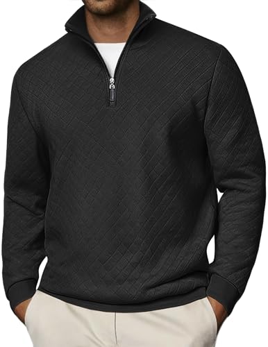 COOFANDY Men's Casual Quarter Zipper Pullover Waffle Quilted Sweatshirt Winter Long Sleeve Lightweight Polo Sweatshirts Black