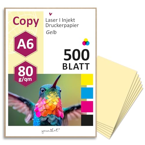 younikat 500 hojas de papel DIN A6 amarillo 80 g/m² I papel para copiar papel universal I adecuado para todo tipo de impresoras láser y de inyección de tinta, imprimir manualidades, bocetos I dv1506