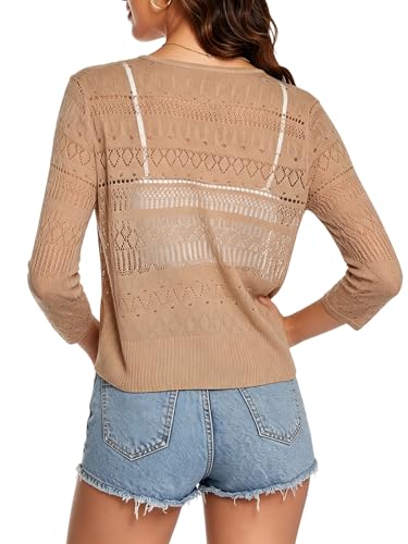 Image of Spicy Sandia Tie Front Sheer Shrug 3 /4 Sleeve Cropped Crochet Cardigan for Summer Lightweight