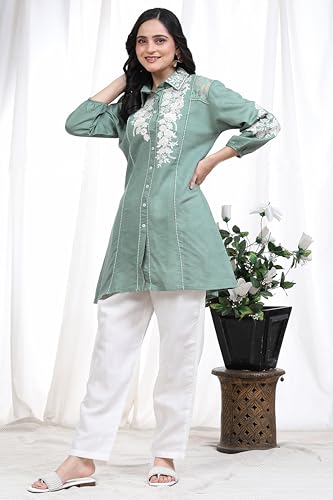 Image of TRENDMALLS Women's Art Silk Embroidery Kurta - Puff Sleeve A line Short Kurti Style Tunic for Women