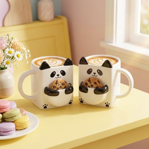 Image of Ceramic Panda Mug Set of 2 with 3D Cookie Biscuit Tea Bag Holder |Coffee Mug Pair | Cute Panda Cup Set | Tea Mug Gift for Couples Best Friends | 240 ml Each | Microwave & Dishwasher Safe