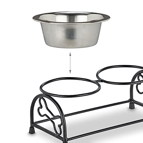 Relaxdays Hunde-Napfset mit Halterung, Napfständer Hunde & Welpen, 2 Edelstahlnäpfe je 300 ml, Futterbar, schwarz/Silber