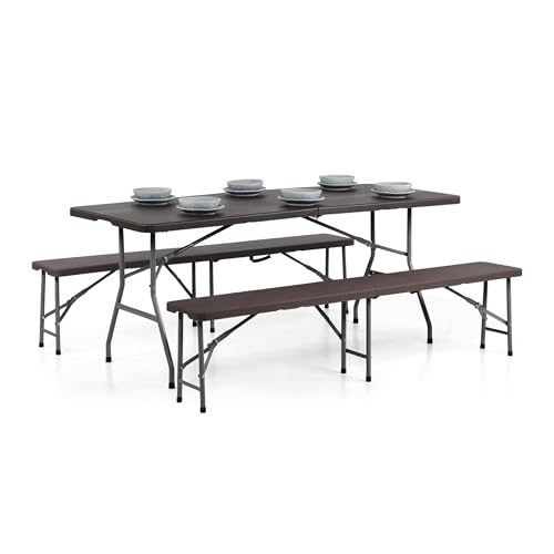 Brigros - Tavolo Pieghevole Con Panche Da Giardino, Perfetto Come Tavolo Campeggio O Tavolo Picnic, Salvaspazio Con Panche Da Esterno In Metallo E HDPE (Rattan)