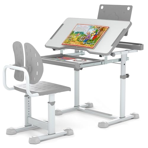 RELAX4LIFE Juego de Mesa y Silla Infantil con Altura Ajustable y Encimera Inclinable, Escritorio Infantil con Atril de Libro, Portavasos, Ranura de Lápiz y Cajón, Pupitre Infantil para 3+ Años (Gris)