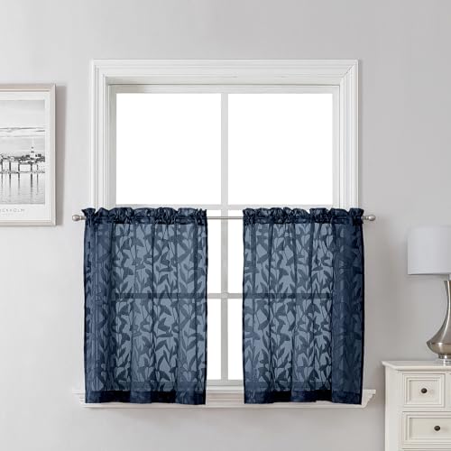 Lecloud Leia Navy Blue Kitchen Sheer Curtains 24 Inch 2 Pcs, Jacquard Leaf Textured Voile Short Curtain Tiers with Dual Rod Pocket, Soft Airy Bathroom Bedroom Curtains for Small Windows, 28" W x 24" L