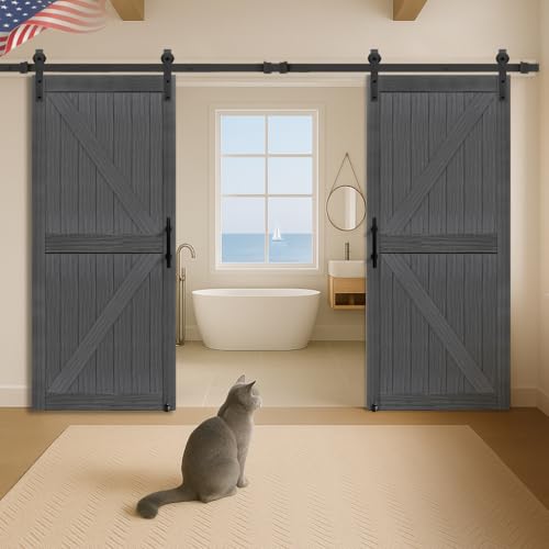 S&Z TOPHAND® 36in x 80in Double Deep Gray Sliding MDF Barn Door with 13FT Sliding Door Hardware Kit, Solid Slab Covered with Water-Proof PVC Surface, Simple DIY Assembly