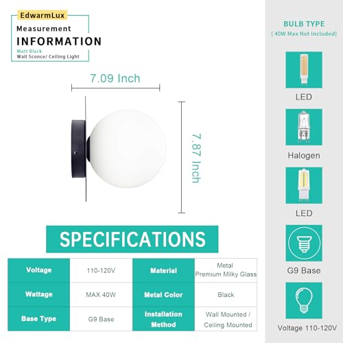 Image of Edwarmlux 1 Light Wall Sconce, Mid Century Modern Globe Wall Sconce, Ceiling Light Fixture, Vanity Light Fixture, Indoor Wall Light for Living Room Bedroom Hallway Bathroom Entry (Matt Black)
