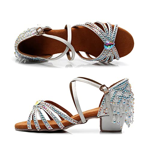 Girls Rhinestone Latin Dance Shoes Low Heel Ballroom Tango Party Performance Tassel Sandals3