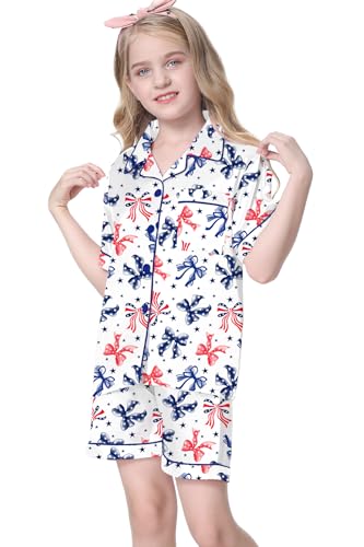 Image of Umeyda Women & Girls Pajamas Set, Soft Satin Lightweight Silk Button-Down Top with Shorts 2 Piece PJS for Mom Boys Kids Gifts